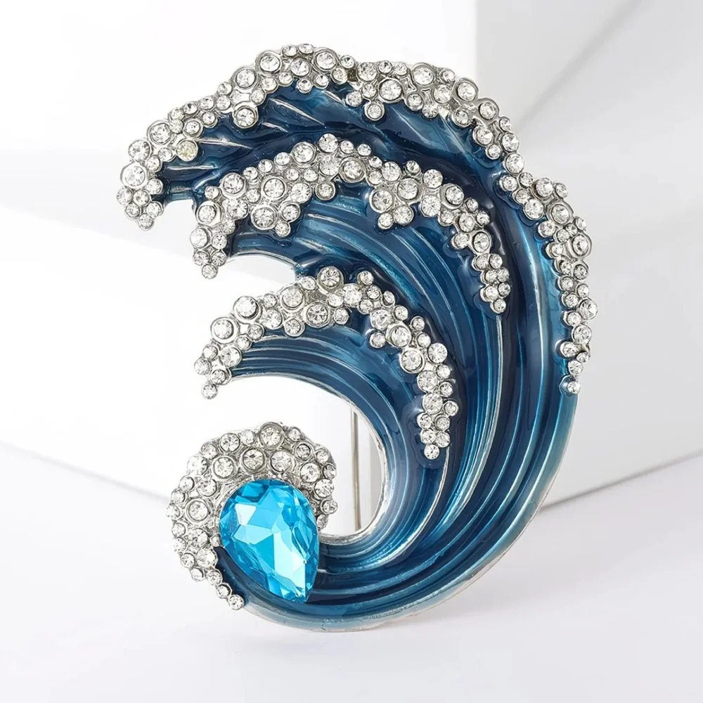 Ocean Wave Crystal Brooch Blue Rhinestone Statement Pin Coastal Jewelry